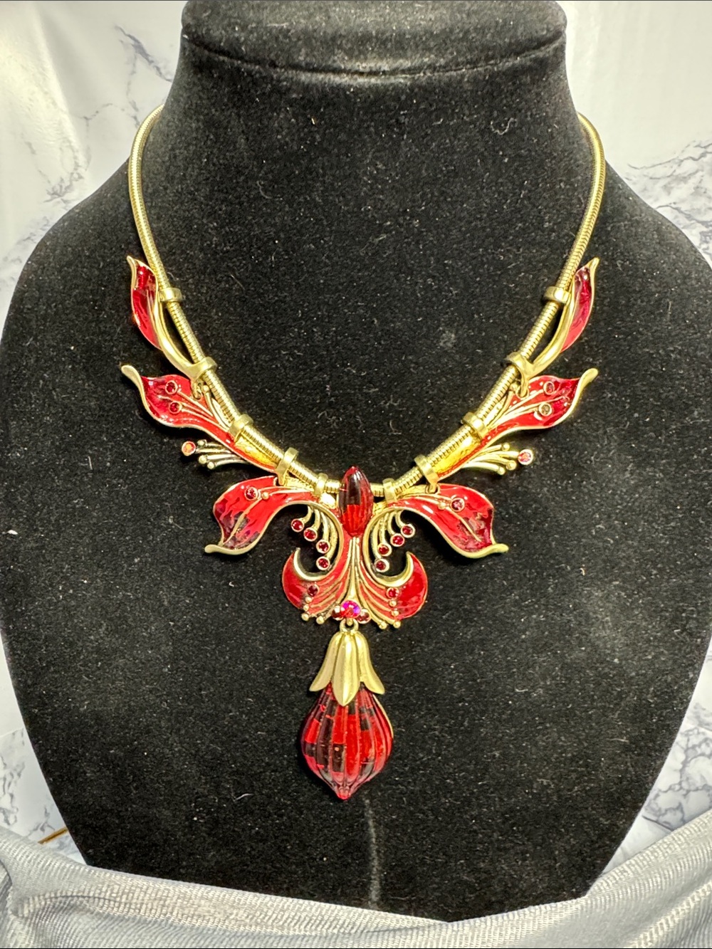 Source Unknown Red and Gold Floral Statement Necklace